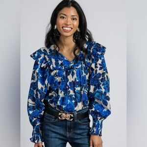 Olivaceous Blue & Black Cotton Floral Boho Blouse size Large